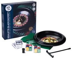 Roulette & Black Jack Set 30 cm – Complete Amerikaanse Versie met 0 en 00 – Tweezijdig Kleed, Fiches, Kaarten & Croupierhark – Casino Spel voor Thuis – Engelhart