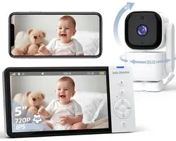 Namajunas - Babyfoon avec caméra et application - Écran IPS de 5 pouces - Résolution Full HD - Baby Monitor - Vision nocturne - PTZ, mode VOX, Audio bidirectionnel, Alerte de température, 8 berceuses - Cadeau parfait pour les nouveaux parents