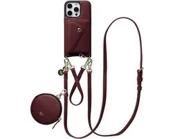 AVY Leren Hoesje geschikt voor Apple iPhone 16 Pro Max | Met Koord, Wallet en Pouch | Compatibel met MagSafe | Leather Case met 30CM & 130CM Koord | Leather Set | Burgundy