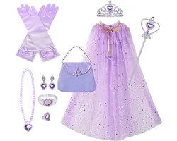 Loha-party®11 stuks Princes verkleed set-verkleedcape-paars jurk-Carnaval kleeding-verjaardag cadeau-kinder cadeau kit- jurk-Prinsessencape-Crown-Wand-Handschoenen-Oorbel-Ring-armband-handtas-verjaardag-feestartikelen-accessoires-11stuks