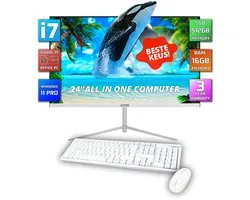 GMR All in One Desktop Computer met snelle Intel i7 | Ultra Smart Design | 24 Inch HD Scherm | 16GB RAM | 512GB SSD | USB3 | Windows 11 PRO | Draadloze Toetsenbord & Muis | WiFi + Bluetooth | Direct klaar voor gebruik | Wit