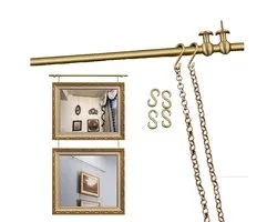 Brass Picture Frame Hanging System - Gallery Rail Kit with Metal Rod Chain Hooks & Hanging Post for Wall Picture Display - Ideal for Home Decoration & Art Exhibitions