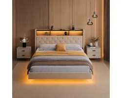 Xbro Upholstered Bed 140 x 200 cm with LED Lighting and Charging Station (USB / Socket), Floating Look, Padded Headboard with Storage Space, Slatted Frame, Beige (without Mattress)