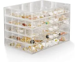 Transparent Jewelry Box with 5 Drawers and Earrings Display - 120 Small Compartments for Storing Bracelet Ring and Showbox
