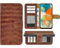 Étui Cuir Véritable Adapté pour Samsung Galaxy A26 - Bookcase Étui - Samsung A26 Wallet Book Case Cuir Véritable Croco Marron Cannelle Cover