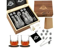 Coffret Whisky Stones | Set de 9 roches de whisky rafraîchissantes réutilisables avec pince à glace, verseur de bouteille de vin et pochette de rangement, refroidissant votre boisson préférée sans dilution, pour homme, femme, papa, cadeau témoin.