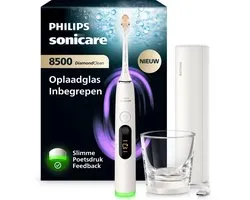 Philips Sonicare Next-Generation DiamondClean 8500 Elektrische Tandenborstel - Slimme Poetsdruksensor, 18 Poetsinstellingen, Oplaadreisetui & Oplaadglas - Wit - HX8513/11