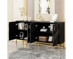 STILVORA Buffet – Sideboard Moderne Avec Portes Géométriques Et Poignées Dorées – 4 Portes Avec 2 Étagères Réglables – MDF – 160x40x80,5 cm – Noir+Noyer