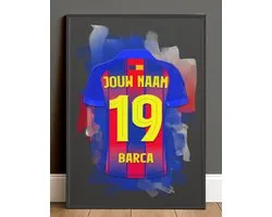 FC Barcelona Voetbal Poster Gepersonaliseerd - Inclusief Zwarte Lijst - Formaat A4 (21 x 29,7 cm) - Blaugrana Rood Blauw - Voetbalcadeau met Naam & Rugnummer - Wanddecoratie Fans
