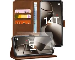 Coque adaptée pour Xiaomi Redmi 14T / 14T Pro - Protection d'écran en Glas - Étui portefeuille à rabat Marron