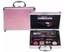 Make Up Koffer Glanzend Roze - geschenk - 28 oogschaduw kleuren - 2 dubbelzijdige applicators - 1 x rouge -1 x gezichtspoeder- 4 x lip shimmer - 3 x camouflagecrème -2 x lipgloss - 1 x dubbelzijdig lippotlood - 1 x dubbelzijdig oogpotlood