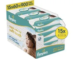 Pampers Aqua Soft Touch - Lingettes Bébé - Texture Douce & Lotion Avec 99% D’Eau - 15 Paquets de 60 Lingettes = 900 Lingettes Pour Bébé
