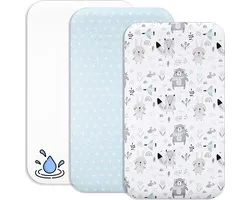2x draps-housses 90x55 cm 100% coton + 1x protège-matelas 100% imperméable - set 3x 90x55 - compatible Kinderkraft Neste Up (animaux bleus, 55 x 90 cm)