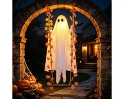 Ryoudavell - Hangende Halloween Spook Decoratie met Schommel & LED - 134 cm Groot Buiten Spook met Herfstbladeren - Voor Tuin, Veranda & Boom