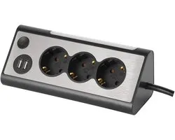 MaxTrack bureau stekkerdoos met 3 contacten en 2x USB / zwart - 1,5 meter