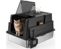 MIXJOY Kattenbak van roestvrij staal met deksel, kattenbak, groot, 71 x 51 x 42 cm, voor grote katten en huishouden - ShopVlot