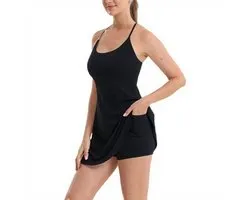 Robe de tennis à col rond, bretelles spaghetti et design sans manches – une robe d'été sportive avec short intégré et poches – robe femme avec short intégré – convenant pour le tennis, le golf, la plage et un usage décontracté (noir - 5XL).