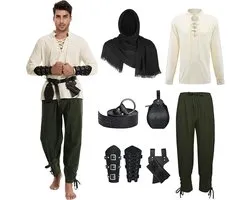 Men's Medieval Clothing 7 Pieces Renaissance Costume Set Medieval Viking Costume with Pirate Shirt Long Trousers Belt - ShopVlot