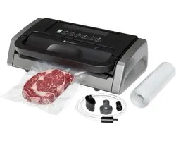 KitchenBrothers Machine d'emballage sous vide Appareil de cuisine - Avec rouleau d'emballage (200 cm), sacs (5x) et tuyau d'aspirateur - 4 positions - Machine adaptée aux légumes / viande / poisson / pompe à vin / nourriture / sous vide etc. - Noir