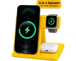 Chargeur sans fil 3 en 1 Garzini - Station de recharge pliable - Adapté pour iPhone 12 13 14 15 16 17 18, Apple Watch, Earpods - Smartphone, montre connectée et écouteurs - Chargeur rapide 15W - Qi Wireless Charger - Station de recharge - Jaune