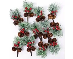 Branches de Noël/Branches de pin - 12 branches décoratives de 10 cm - Branches de baies artificielles - Petites branches décoratives avec baies et pommes de pin - Décorations de Noël - Loisirs créatifs - Fêtes de fin d'année - Hiver