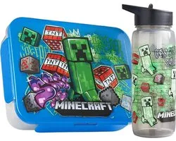 Minecraft lunchbox & waterfles set voor kinderen - 3 compartimenten bento box met BPA-vrije drinkfles - vaatwasmachinebestendig - school en reis