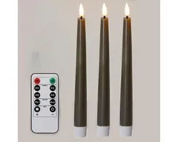 FREEPOWER Set van 3 led-staafkaarsen, echte was, met afstandsbediening en timer, werkt op batterijen, flikkerend, warm wit licht, grijze kaarsen, 2 x 24,2 cm