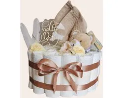 Luiertaart - bruin - hello baby - knuffel en doekje