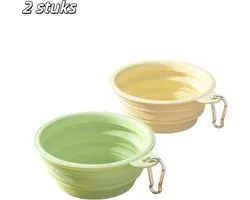 2 pièces - Katten Voerbak - Gamelle silicone pour chiens - Portable, pliable et extensible - Convient aux chats et aux chiens - Incluant 2 mousquetons - 650 ml - Jaune, vert