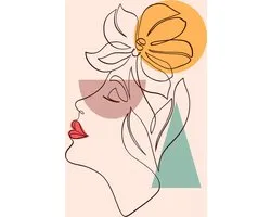 Poster - Line Art, Woman with Fleurs, Pink Premium Print, incl Fixing Material