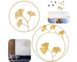 Lot de 2 décorations murales – Suspensions murales – Décoration de salon – Art mural en fer – Accessoires de photographie – Motif feuille de ginkgo – Pour salon, salle de bain, chambre, bureau, cuisine (24 cm, 28 cm – Or)