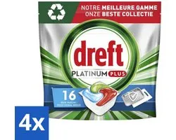 4 x Dreft Platinum Plus - All In One - Vaatwascapsules - Fresh Herbal Breeze - 16 Afwasbeurten - Vaatwascapsules - Vaatwasser - Schone Vaat - Frisse Geur - Vaatwasser Capsules