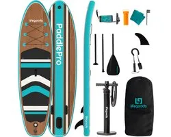LifeGoods PaddlePro SUP Board - Opblaasbaar Paddle Board - Complete Set - Max. 150KG - 320x81cm - Hout/Blauw