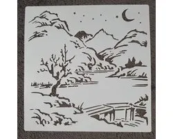 Stencil, Scene in de bergen, 20x20, kaarten maken, scrapbooking, sjabloon, knutselen, herbruikbaar