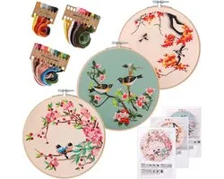 Borduurset voor beginners - set borduurstarterkits - kruissteekkits met bloem- en vogelpatroon - instructies - borduurdoek - borduurringen - kleurdraden - gereedschap - creatief borduren