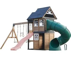 AXI Noud Aire de jeux avec cabane, balançoires, trapèze, mur d'escalade – Avec banc – Toboggan rose pastel – Avec toboggan tubulaire – Bois FSC 100 % – Aire de jeux pour le jardin / l'extérieur