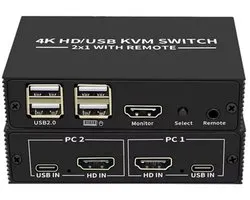 NÖRDIC KVM HDMI switch 2 in naar 1 uit - 4K@60Hz - 4x USB 2.0 - Voor PC, Laptop en Game consoles - Externe Switchknop - Plug & Play