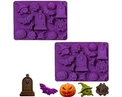 2 stuks - Halloween siliconen chocoladevormen - Pompoen, vleermuis, spin, grafsteen siliconen vormen - Voor snoep- en taartdecoratie - Zacht en flexibel - Paars - 22,5 x 16,5 x 2 cm - Geschikt voor snoep, hard snoep, lolly's en chocolade