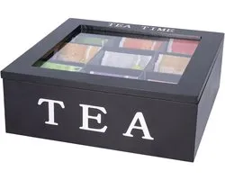 Bellatio design Theedoos - zwart - 9 vaks - Tea Time - hout - L23 x H8 cm - theebox