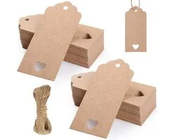 150x Stuks Kraft Karton Labels met 20m Jute Touw - Hart Kartonnen Cadeaulabels met Gaatje en Koord - Bruine Etiketten - Kraftpapier Naamkaartjes - Blanco Prijskaartjes\Prijslabels met Koortje - 9x4cm