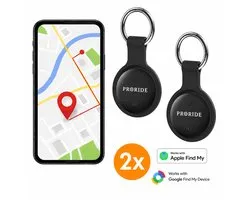 Proride® Tracker Dual 2 stuks - Smarttag - GPS Tracker - Apple Find My en Android/Google Find My Device - Sleutelvinder/Keyfinder met Sleutelhanger - Koffer - Bagage - Fatbike, Auto, Fiets, Kat & Kind - Zwart