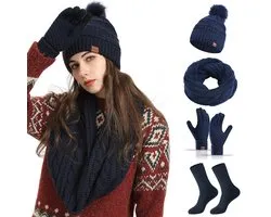 Casalora® Winterset Dames 4-Delig – Muts met Pompon, Sjaal, Touchscreen Handschoenen en Warme Sokken – Gebreide Winteraccessoires – Zachte en Warme Winterset – Voor Volwassenen – Marineblauw