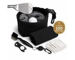 GolfClean Pro Set Complet – Kit de Nettoyage Complet Pour Votre Équipement de Golf – Accessoires de Golf – Serviette de Golf + Brosse de Golf + Relève-pitch + 100 Tees de Golf Blancs – Noir – Coffret Cadeau