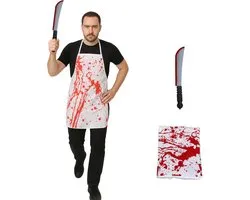 Joya Party® Verkleedset Schort met Bloedspetters + Mes | Halloween Kostuum Accessoires Volwassenen | One Size | Bloody Apron | Slachter Set | Horror Outfit | Carnaval | Wit/Rood | Inclusief MES