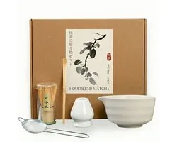 HomeBlend Matcha Set - Zeef - Wit - Matcha Klopper - 5-delig - Starterkit - Kom - Klopperhouder - Bamboe Lepel - Keramiek - Theeceremonie Set - Japanse Thee Set - Starterkit