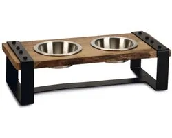 Designed by Lotte Karinto Voerbak Hond - Dinerset - Eetbak/Drinkbak Hond - Hout/metaal - 2x350ml - Size S