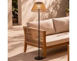 Lampadaire solaire 'Maris' - Rechargeable via USB C - Lumière blanc chaud (2700K) - IP44 - Avec télécommande - Look rotin - Éclairage de jardin à énergie solaire