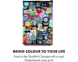 Klarstein Koelkast Cool Vibe - Inhoud: 70 liter, VividArt Concept: Deur met stickerbomb-designprint, ijsvak, ijsblokjesbakje, geluidsniveau: 42 dB, zwart - 72L - Mini Fridge - Compact Koelkast - Kleine Koelkast - Vrijstaande Koelkast