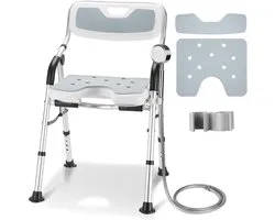 DEWEL Shower Chair for Elderly, Foldable, Height Adjustable, Anti-Slip Shower Chair for Disabled Persons, with Shower Support, Tool-free Mounting, Load up to 150kg (Grey, Large)