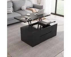 Multifunctionele Salontafel in Hoogte Verstelbaar - 4-in-1 Eettafel & Bureau - Met 4 Krukjes, Verborgen Opbergruimte & Lade - Klapbaar Tafelblad - Hout & Staal - 100x100x58 cm - Zwart